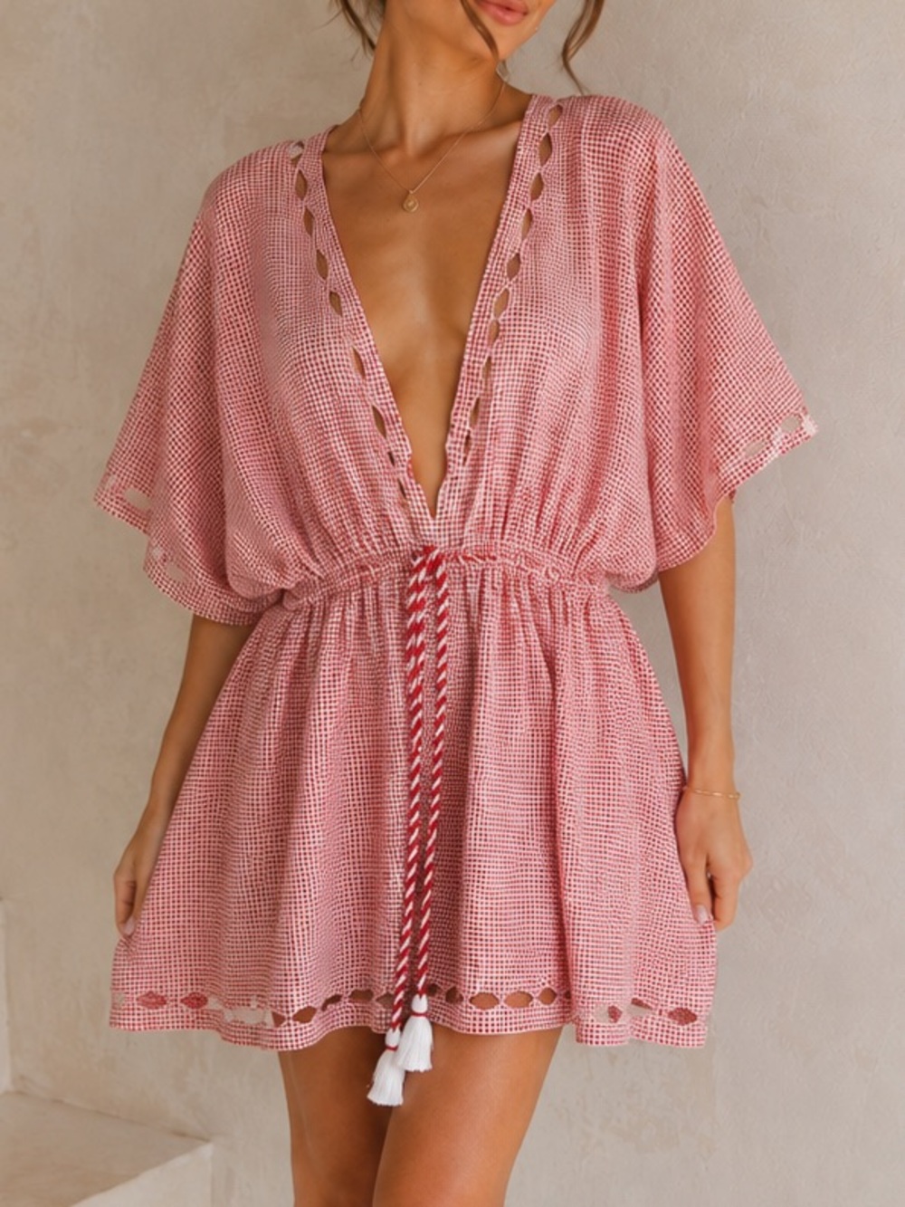 Evarae Reverse Pink Women's Swim Cover-Up Tunic with Tassel Waist